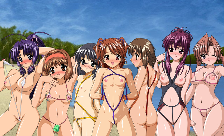 6+girls 7girls arm_up armpits ass bare_shoulders big_breasts blush breastless_clothes breastless_swimsuit breasts cameltoe chikage_(sister_princess) crotchless_swimsuit female flat_chest glasses haruka_(sister_princess) highres kaho_(sister_princess) large_breasts lineup mamoru_(sister_princess) marie_(sister_princess) multiple_girls navel nipples outdoors pussy sakuya_(sister_princess) sister_princess small_breasts smile standing swimsuit thigh_gap thighs uncensored wink yosio yotsuba_(sister_princess)
