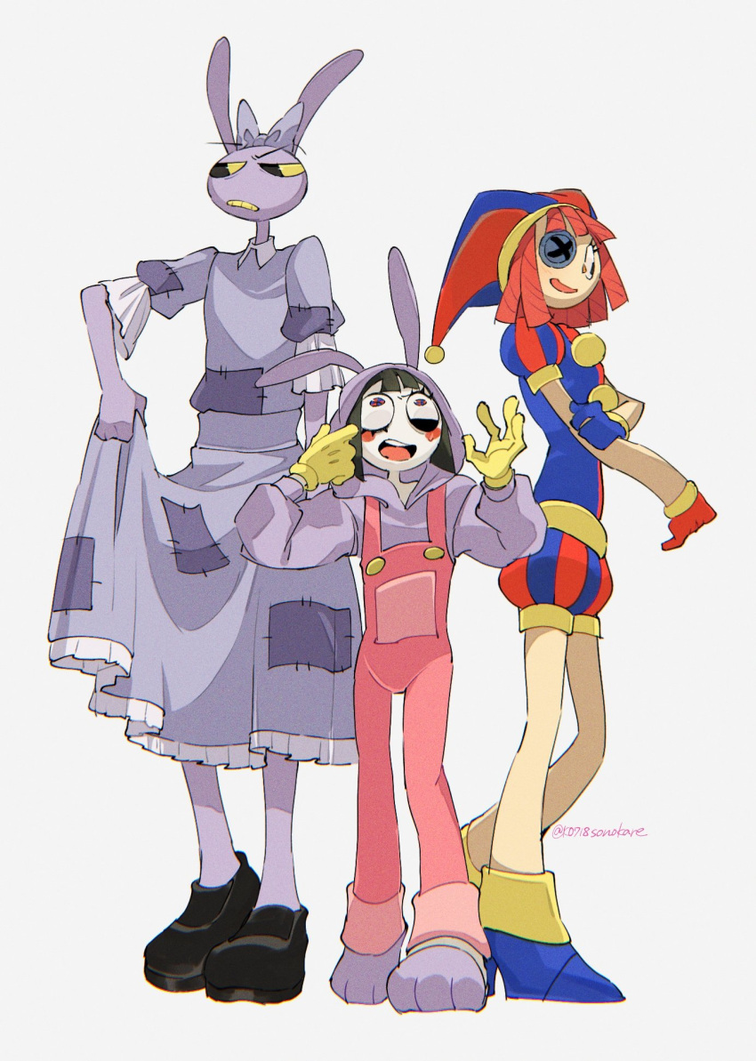 1boy 2girls :d adjusting_hood animal_hood ankle_boots asymmetrical_gloves bad_id bad_twitter_id bare_arms bare_legs black_eyes black_hair black_shoes blue_bodysuit blue_boots blue_eyes blue_gloves blue_hat blunt_bangs blunt_ends bob_cut bodysuit boots bow buttons chromatic_aberration clenched_teeth colored_sclera colored_skin colored_teeth cosplay costume_switch crossdressing crossdressing_(mtf) dress fewer_digits film_grain frilled_sleeves frills from_below full_body furry furry_male gloves grey_background grey_bow grey_dress grid_teeth hair_bow hand_on_own_arm hands_up hat hat_bell high_heel_boots high_heels highres hood hood_up hoodie inactive_account jax_(the_amazing_digital_circus) jax_(the_amazing_digital_circus)_(cosplay) jester_cap jester_costume long_sleeves looking_to_the_side looking_up medium_dress mismatched_gloves multicolored_bodysuit multicolored_eyes multiple_girls no_pupils open_mouth overalls petticoat pink_overalls pom_pom_(clothes) pomni_(the_amazing_digital_circus) pomni_(the_amazing_digital_circus)_(cosplay) puffy_long_sleeves puffy_short_sleeves puffy_sleeves purple_hoodie purple_skin rabbit_boy rabbit_hood ragatha_(the_amazing_digital_circus) ragatha_(the_amazing_digital_circus)_(cosplay) red_bodysuit red_eyes red_gloves red_hair red_hat shoes short_hair short_sleeves sideways_glance simple_background skirt_hold smile sonokare standing striped_clothes striped_hat striped_headwear teeth the_amazing_digital_circus tongue twitter_username two-tone_bodysuit two-tone_eyes two-tone_hat two-tone_headwear upper_teeth_only vertical-striped_bodysuit vertical-striped_clothes vertical-striped_headwear white_skin yellow_gloves yellow_sclera yellow_teeth yellow_trim
