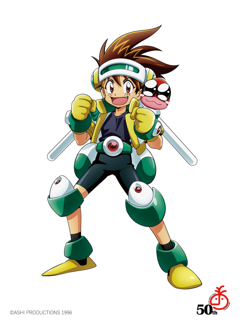 1990s_(style) 1996 1boy :3 anime_coloring baba_lemonade belt bike_shorts black_mouth black_shorts black_tank_top blush_stickers brown_hair clenched_hands collarbone commentary_request company_name creature creature_on_shoulder dated eyelashes fang faux_retro_artstyle full_body gloves green_belt grey_eyes hair_between_eyes headgear high_collar highres knee_armor kotobuki_tsukasa logo looking_at_viewer official_art on_shoulder open_mouth pink_lips pq_(lamune) red_eyes retro_artstyle second-party_source shoes shorts simple_background smile spiked_hair tank_top tongue veil vs_knight_lamune_&amp;_40_fire white_background white_veil yellow_gloves yellow_shoes