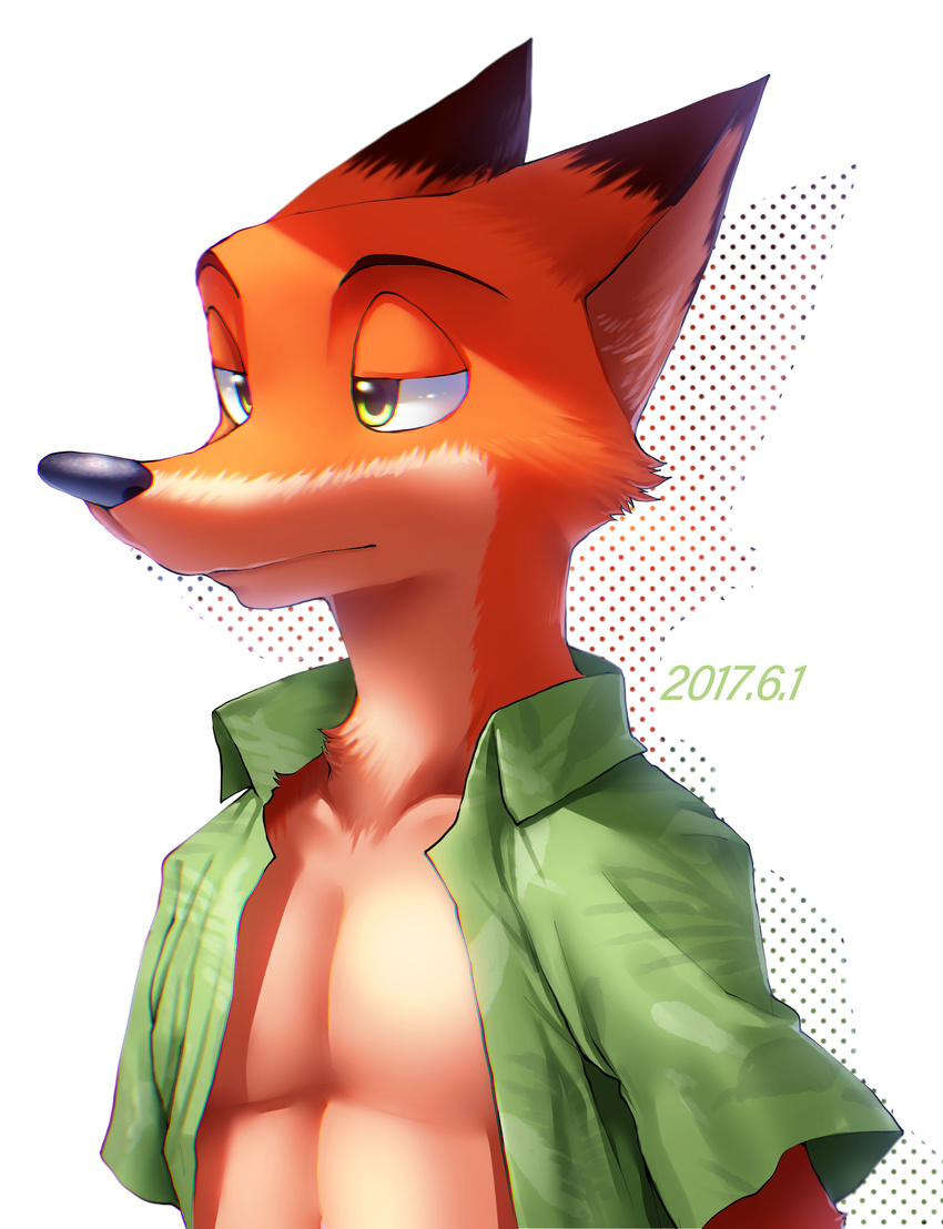 2017 anthro black_nose canine clothed clothing disney fox fur green_eyes hawaiian_shirt hi_res male mammal nick_wilde open_shirt orange_fur raizinndx shirt simple_background solo white_fur zootopia