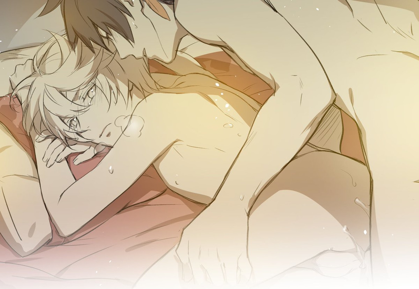 2boys anal ass bed blush cum cum_in_ass cumdrip looking_at_viewer male_focus mikleo_(tales) multiple_boys nude penetration pillow sex sorey_(tales) steam sweat tagme tales_of_(series) tales_of_zestiria testicles yaoi zehel_az