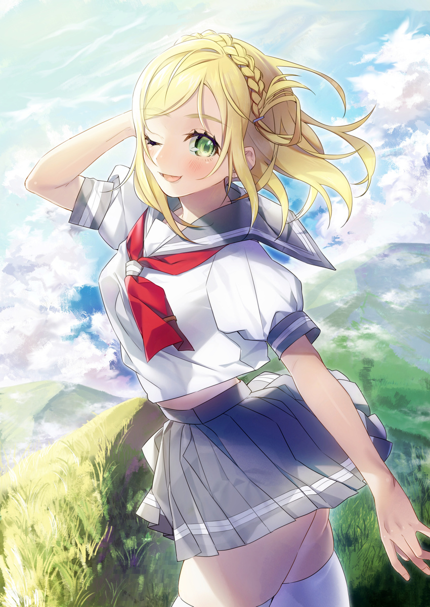 blonde_hair blush braid breasts cloud commentary_request crown_braid day eyebrows_visible_through_hair grass green_eyes grey_skirt hand_on_own_head highres looking_at_viewer love_live! love_live!_sunshine!! medium_breasts mountain neckerchief ohara_mari one_eye_closed outdoors pleated_skirt red_neckwear school_uniform serafuku shirt short_sleeves skirt sky sleeve_cuffs smile solo standing thighhighs tongue tongue_out uranohoshi_school_uniform walking white_legwear white_shirt wind yana_mori