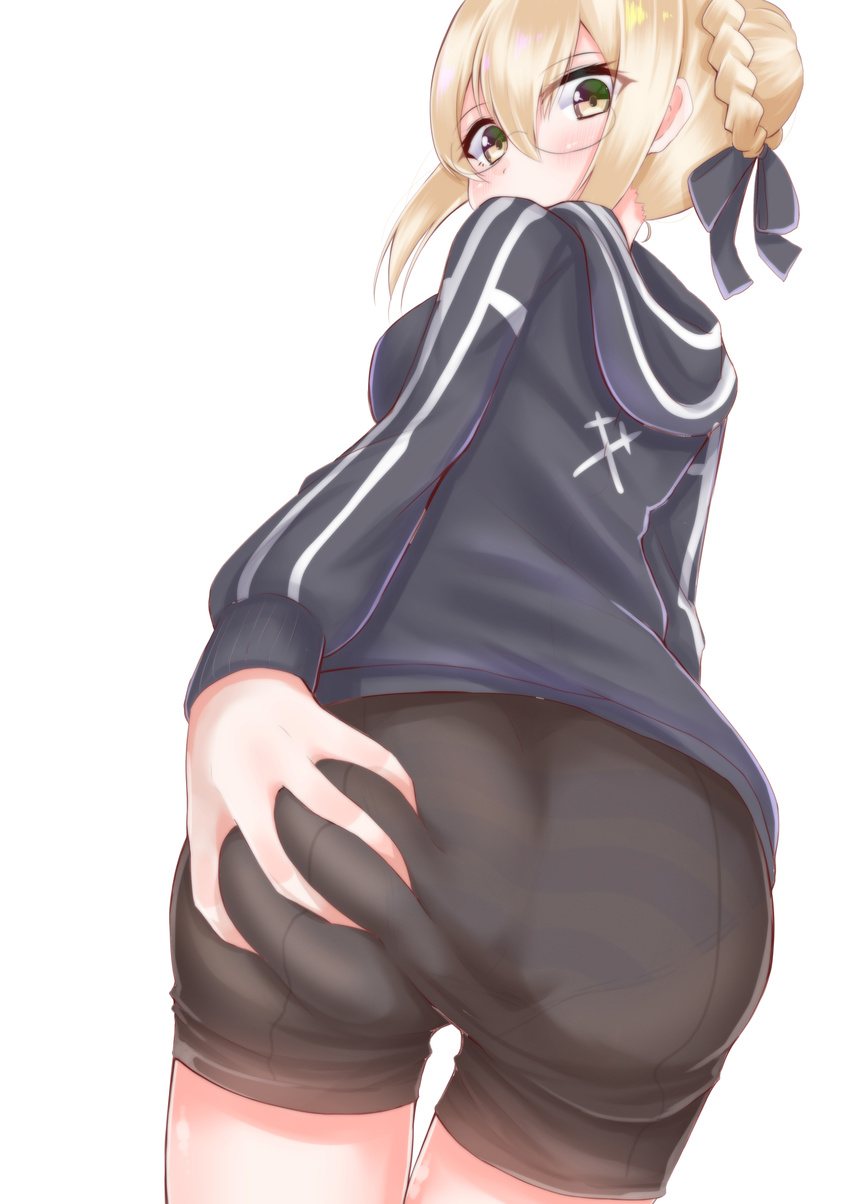 1girl ahoge ass ass_grab bike_shorts black-framed_eyewear black_jacket black_shorts blonde_hair blush braid breasts deep_skin fate/grand_order fate_(series) from_behind from_below glasses gym_uniform hair_between_eyes hair_bun hair_ribbon harukon_(halcon) heroine_x heroine_x_(alter) highres hips hood hoodie jacket kitajima_yuki looking_at_viewer looking_back medium_breasts panties panties_under_bike_shorts ribbon ringed_eyes saber semi-rimless_glasses shorts simple_background solo striped striped_panties under-rim_glasses white_background wide_hips yellow_eyes