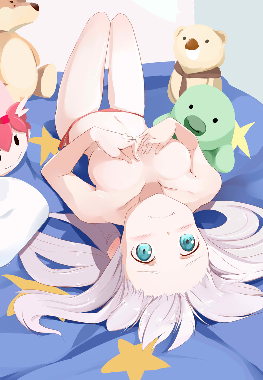 absurdres bed blue_eyes breasts covering_nipples eromanga_sensei highres hoshikuzu_witch_meruru izumi_sagiri knees_up long_hair looking_at_viewer lying mask medium_breasts on_back on_bed panties red_panties side-tie_panties silver_hair solo stuffed_animal stuffed_octopus stuffed_toy topless underwear underwear_only velonicalo wavy_mouth