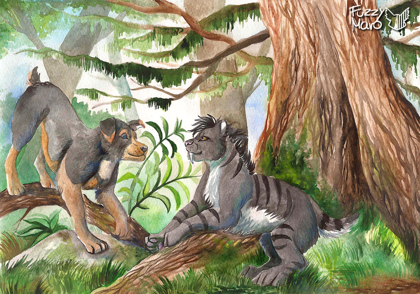 canine cat day dog duo feline friends fuzzymaro jungle mammal plant saber-toothed_cat traditional_media_(artwork) tree watercolor_(artwork)