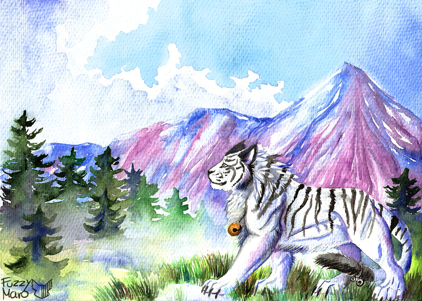feline feral forest fuzzymaro mammal mountain tiger traditional_media_(artwork) tree watercolor_(artwork)