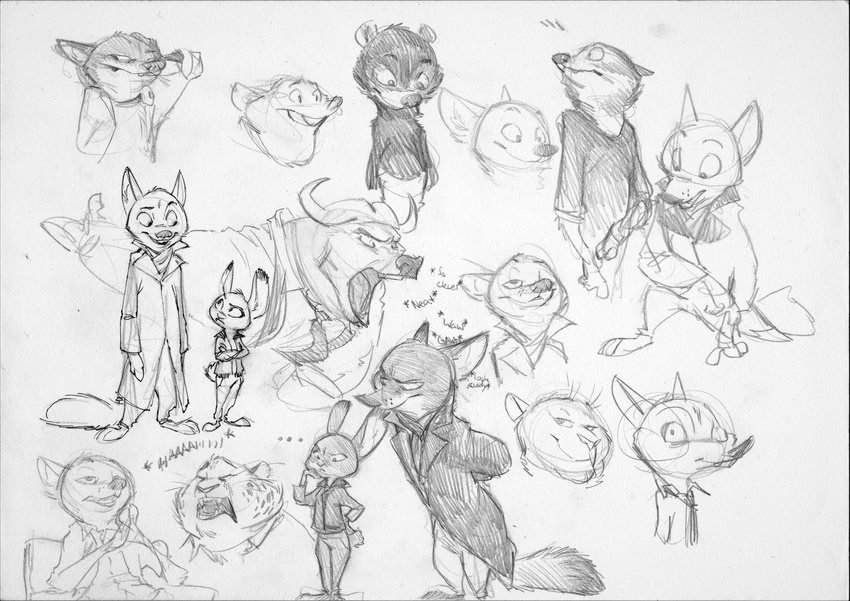 2017 anthro bear benjamin_clawhauser black_and_white bovine buffalo canine cape_buffalo cheetah chief_bogo clothed clothing collar cub disney english_text feline female fox group judy_hopps lagomorph male mammal monochrome monoflax nick_wilde rabbit sherlock_(series) shock_collar simple_background sketch sketch_page text traditional_media_(artwork) trenchcoat white_background young zootopia