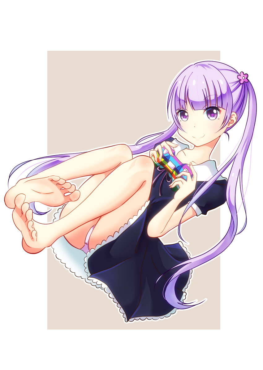 1girl abstract_background artist_request bangs barefoot black_dress blunt_bangs brown_background character_request dress dutch_angle feet game_controller long_hair long_twintails looking_at_viewer new_game! panties pantyshot pantyshot_(sitting) puffy_short_sleeves puffy_sleeves purple_eyes purple_hair short_sleeves simple_background sitting smile soles solo toes twintails white_panties