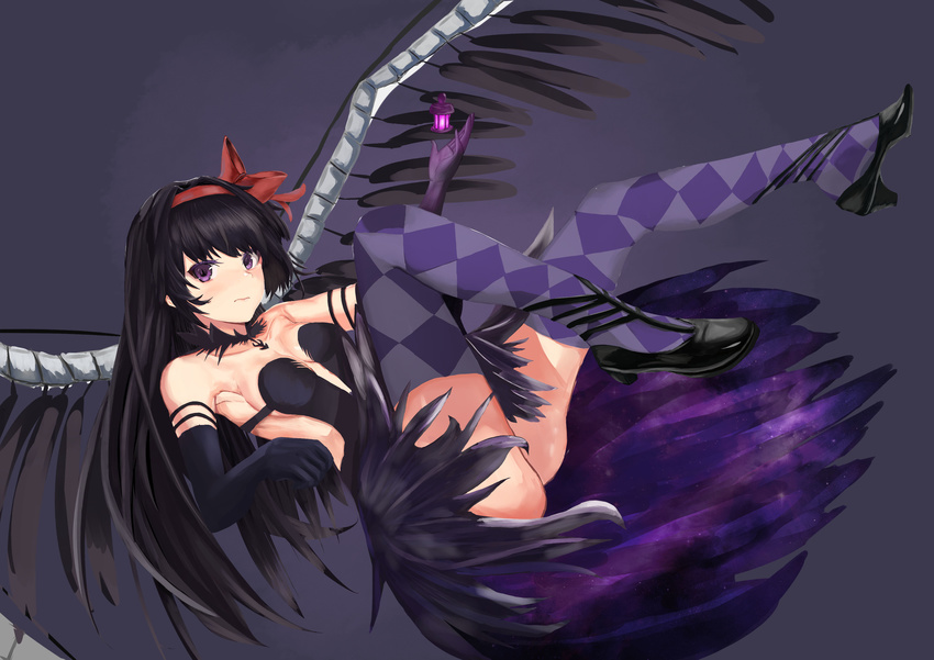 absurdres akemi_homura akuma_homura argyle argyle_legwear black_hair blush breasts choker cleavage collarbone elbow_gloves feathers gloves grey_background grief_seed hair_ribbon highres hmrgyukina long_hair looking_at_viewer mahou_shoujo_madoka_magica mahou_shoujo_madoka_magica_movie purple_eyes red_ribbon ribbon sideboob sketch small_breasts solo thighhighs thighs wings