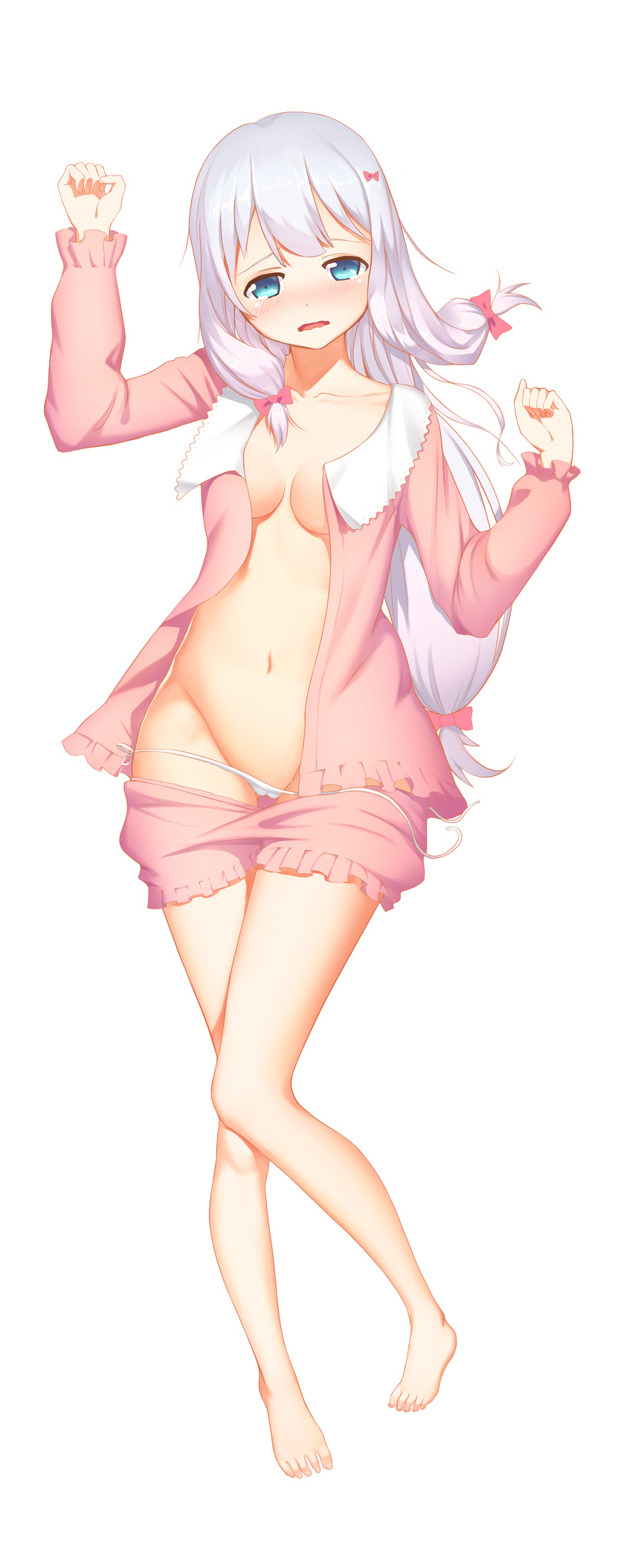 absurdres baliu barefoot blue_eyes blush bow breasts eromanga_sensei frills full_body hair_bow highres izumi_sagiri long_hair looking_at_viewer low-tied_long_hair no_bra open_mouth open_pajamas pajamas panties panties_under_shorts panty_pull pink_bow pink_pajamas pink_shorts shorts shorts_pull side-tie_panties simple_background small_breasts solo tears underwear untied untied_panties very_long_hair wardrobe_error wavy_mouth white_background white_hair white_panties