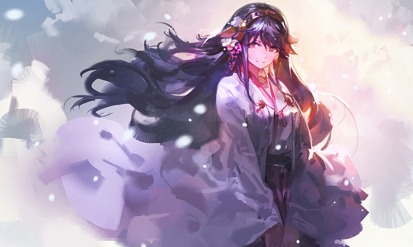 antennae black_hair chihaya_(clothing) commentary_request flower hair_flower hair_ornament hakama haruna_(kantai_collection) japanese_clothes kantai_collection kishiyo light_smile long_hair long_sleeves miko new_year pink_eyes revision solo v_arms very_long_hair wide_sleeves wind