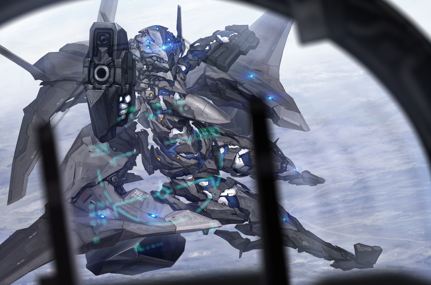 ace_combat ace_combat_x aircraft airplane armor bodysuit boots commentary_request gloves gun headgear heads-up_display long_hair looking_at_viewer machinery mecha_musume military military_vehicle personification pov solo thighhighs tom-neko_(zamudo_akiyuki) weapon wings yr-99_forneus