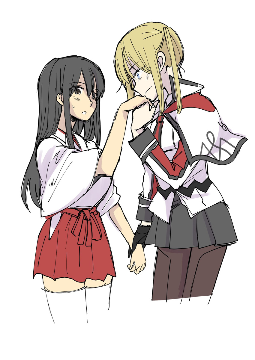 akagi_(kantai_collection) black_gloves black_hair blonde_hair blue_eyes blush brown_eyes capelet celtic_knot commentary_request cowboy_shot eyebrows_visible_through_hair gloves graf_zeppelin_(kantai_collection) hair_between_eyes hakama_skirt hand_kiss hat highres hip_vent holding_hands japanese_clothes kantai_collection kimono kiss long_sleeves military military_hat military_uniform multiple_girls necktie pantyhose peaked_cap pleated_skirt sanpachishiki_(gyokusai-jima) simple_background skirt straight_hair sweatdrop thighhighs twintails uniform white_background white_legwear