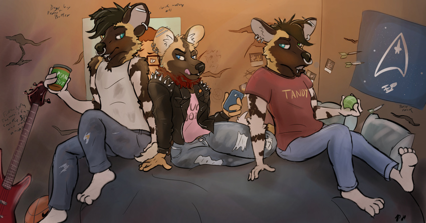 african_wild_dog bass_guitar bedroom brothers canine ear_piercing facial_piercing hank_hill male mammal musical_instrument nose_piercing peanut_butter pickles-hyena piercing punk sibling twins