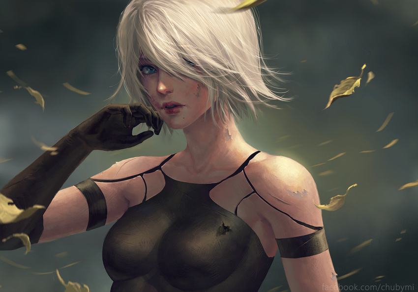 1girl a2_(nier:automata) android arm_at_side armlet bare_shoulders black_gloves blue_eyes breasts breasts_apart chuby_mi collarbone commentary elbow_gloves eyelashes facebook_username gloves hair_between_eyes hair_over_one_eye hand_on_own_face hand_up highres joints leaf lips lipstick looking_at_viewer makeup making-of_available medium_breasts mole mole_under_mouth nier:automata nier_(series) parted_lips photoshop_(medium) pink_lips realistic robot_joints short_hair sleeveless smeared_lipstick solo standing tank_top teeth upper_body white_hair wind
