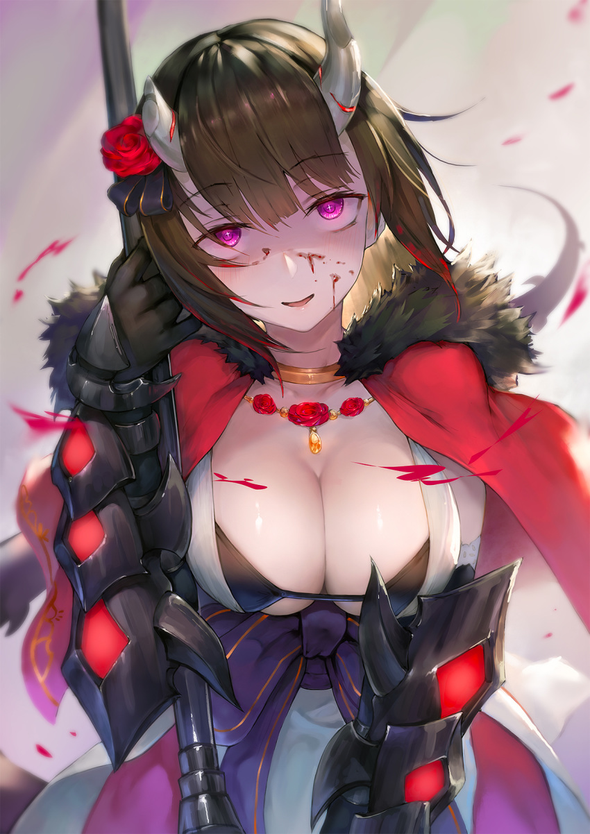 +_+ 1girl bangs black_bow black_bra black_gloves blood blood_on_face bow bra breasts broken_horn brown_hair bustier capelet cleavage crazy_smile eyebrows_visible_through_hair flower fur-trimmed_capelet fur_trim gauntlets gloves highres horns jewelry kuraishi_eriko large_breasts looking_at_viewer necklace open_mouth princess_connect! princess_connect!_re:dive purple_eyes red_capelet red_flower red_rose rolling_eyes rose sash shaded_face smile solo spiked_tail tail underwear waymay weapon wind