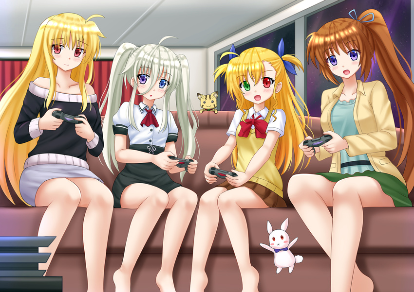 :3 :d ahoge ascot asteion barefoot blonde_hair blue_eyes bow bowtie brown_hair collarbone commentary controller couch dualshock einhart_stratos eyebrows_visible_through_hair fate_testarossa frown game_console game_controller gamepad green_eyes hair_between_eyes hair_ribbon heterochromia high-waist_skirt highres indoors kazenokaze long_hair lyrical_nanoha mahou_shoujo_lyrical_nanoha_vivid multiple_girls night open_mouth playing_games playstation_4 playstation_controller puffy_short_sleeves puffy_sleeves purple_eyes red_eyes ribbon sacred_heart short_sleeves side_ponytail sidelocks silver_hair sitting skirt smile st._hilde_academy_of_magic_uniform takamachi_nanoha twintails two_side_up very_long_hair vivio window