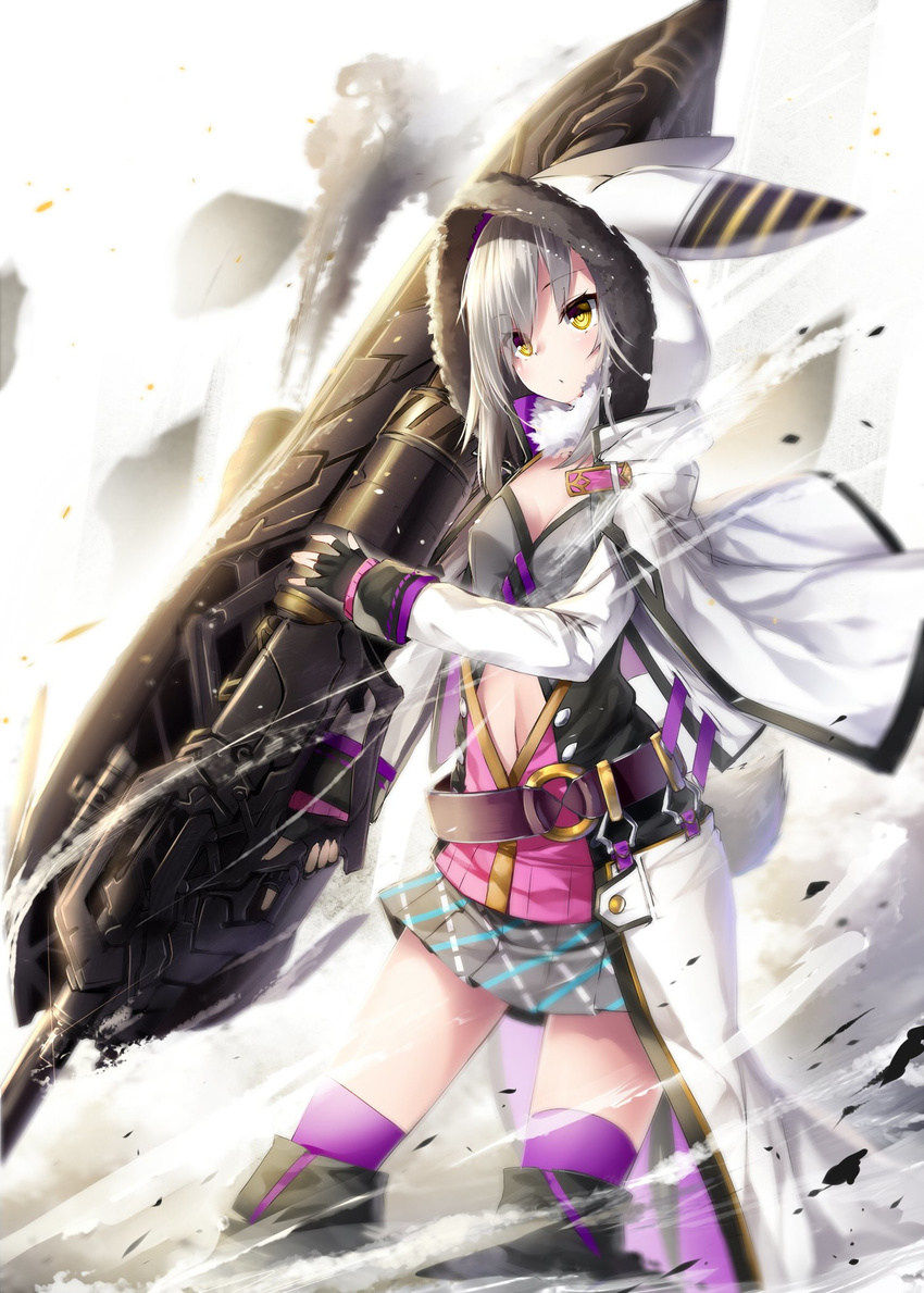 animal_hood black_footwear black_gloves boots breasts capelet chabaneko cleavage covered_nipples fingerless_gloves gloves grey_skirt highres holding holding_weapon hood hooded_capelet long_hair midriff miniskirt navel original parted_lips pleated_skirt purple_legwear silver_hair skirt small_breasts solo standing stomach thigh_boots thighhighs weapon yellow_eyes