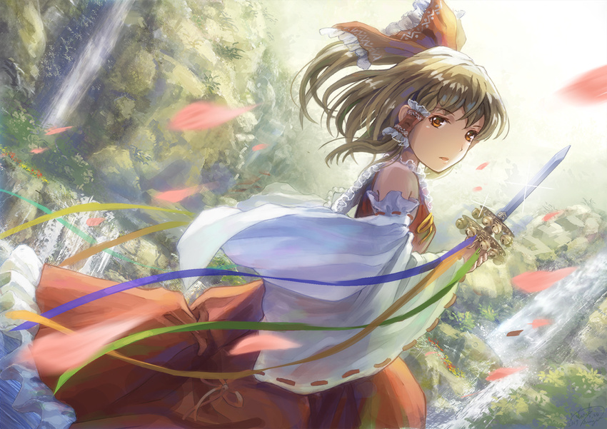 bangs bare_shoulders bell bow brown_eyes brown_hair bush commentary_request dagger dated day detached_sleeves dutch_angle falling_petals frilled_bow frills hair_bow hair_tubes hakurei_reimu holding jingle_bell kagura_suzu long_hair long_sleeves looking_at_viewer looking_to_the_side md5_mismatch miyai_haruki motion_blur nature open_mouth orange_eyes outdoors petals red_bow red_ribbon red_skirt red_vest ribbon ribbon-trimmed_sleeves ribbon_trim rock shiny shiny_hair signature skirt skirt_set solo sparkle sunlight touhou vest water waterfall weapon wide_sleeves wind yellow_ribbon