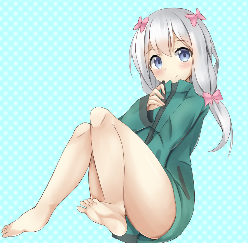 1girl ankles aqua_background bangs barefoot blue_eyes blush bow feet hair_bow izumi_sagiri long_hair looking_at_viewer no_shoes patterned_background pink_bow polka_dot_background smile soles solo toes white_hair