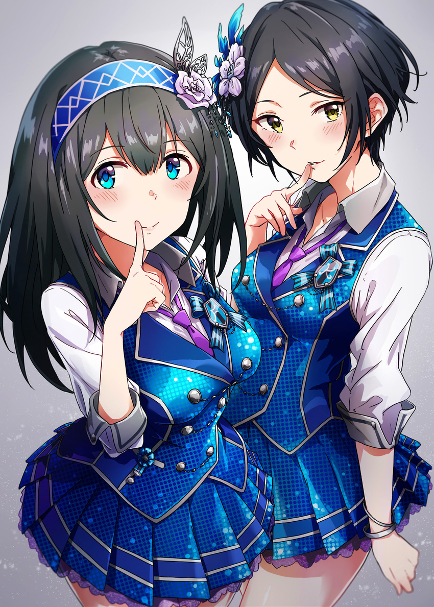 absurdres ayano_yuu_(sonma_1426) black_hair blue_eyes blue_hair blue_hairband blue_skirt blush bracelet caerula commentary_request dress finger_to_mouth flower grey_background hair_between_eyes hair_flower hair_ornament hairband hayami_kanade highres idolmaster idolmaster_cinderella_girls idolmaster_cinderella_girls_starlight_stage jewelry long_hair multiple_girls necktie purple_neckwear sagisawa_fumika saite_jewel short_hair skirt smile yellow_eyes