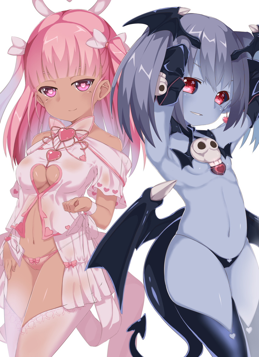 absurdres armpits arms_behind_head bare_shoulders black_legwear black_sclera blue_skin bow bow_panties breasts commentary dark_skin demon_girl demon_tail demon_wings devil_(monster_girl_encyclopedia) earrings elbow_gloves fang flat_chest gloves grey_hair grin head_wings heart heart-shaped_pupils heart_cutout heart_earrings highres houri_(monster_girl_encyclopedia) jewelry l4no long_hair looking_at_viewer low_wings medium_breasts monster_girl_encyclopedia multiple_girls navel panties petite pink_eyes pink_hair pink_legwear pink_panties red_eyes ribbon simple_background skull smile stomach symbol-shaped_pupils tail thighhighs thighs twintails underwear white_background wings wrist_ribbon