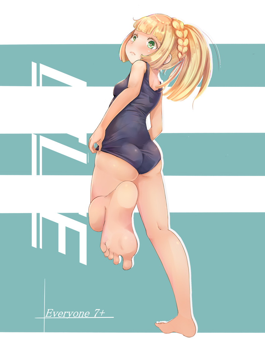 adjusting_clothes adjusting_swimsuit ass bad_id bad_pixiv_id bangs barefoot blonde_hair blunt_bangs blush braid breasts character_name feet french_braid from_behind full_body green_eyes high_ponytail highres leg_up lillie_(pokemon) long_hair one-piece_swimsuit pokemon pokemon_(game) pokemon_sm school_swimsuit small_breasts solo standing standing_on_one_leg swimsuit yuno_(mioalice)