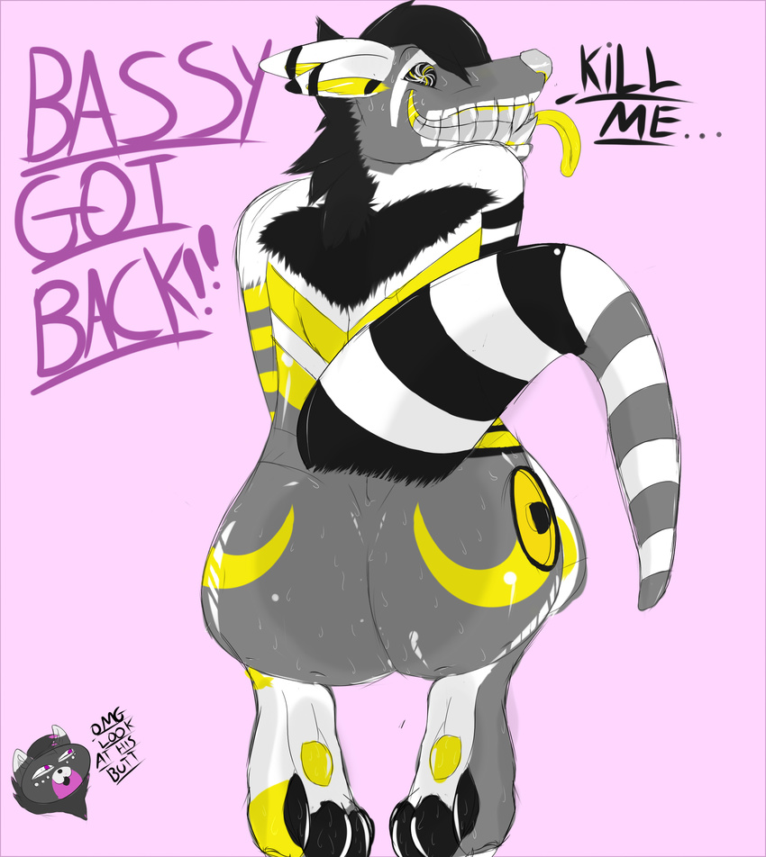 2017 anthro bass beautyofthebass big_butt black_fur butt canine claws demon digital_media_(artwork) digitigrade dog embarrassed fluffy fur hair hi_res hybrid invalid_color looking_at_viewer looking_back male mammal mikalovesyou nude pads_(disambiguation) pawpads paws peets simple_background smile solo speaker stripes sweat sweaty_butt tongue white_fur