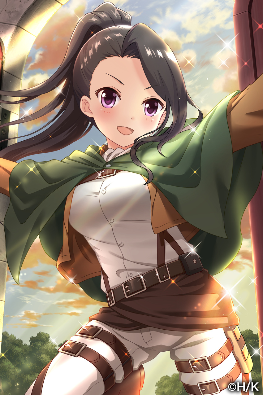 :d absurdres alternative_girls asymmetrical_hair black_hair brown_jacket capelet cloud cloudy_sky cosplay day dress_shirt grey_pants high_ponytail highres holster jacket leg_up long_hair looking_at_viewer military military_uniform official_art open_clothes open_jacket open_mouth outdoors pants paradis_military_uniform purple_eyes saionji_rei shingeki_no_kyojin shirt sky smile solo sparkle standing thigh_holster uniform white_shirt