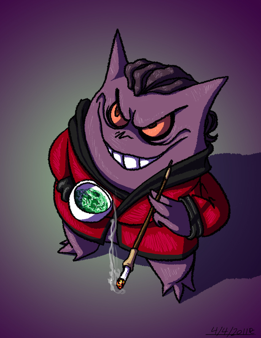 2011 cigarette cigarette_holder clothed clothing cup digital_media_(artwork) flyingram gengar hair nintendo pok&eacute;mon simple_background smile smoking solo video_games