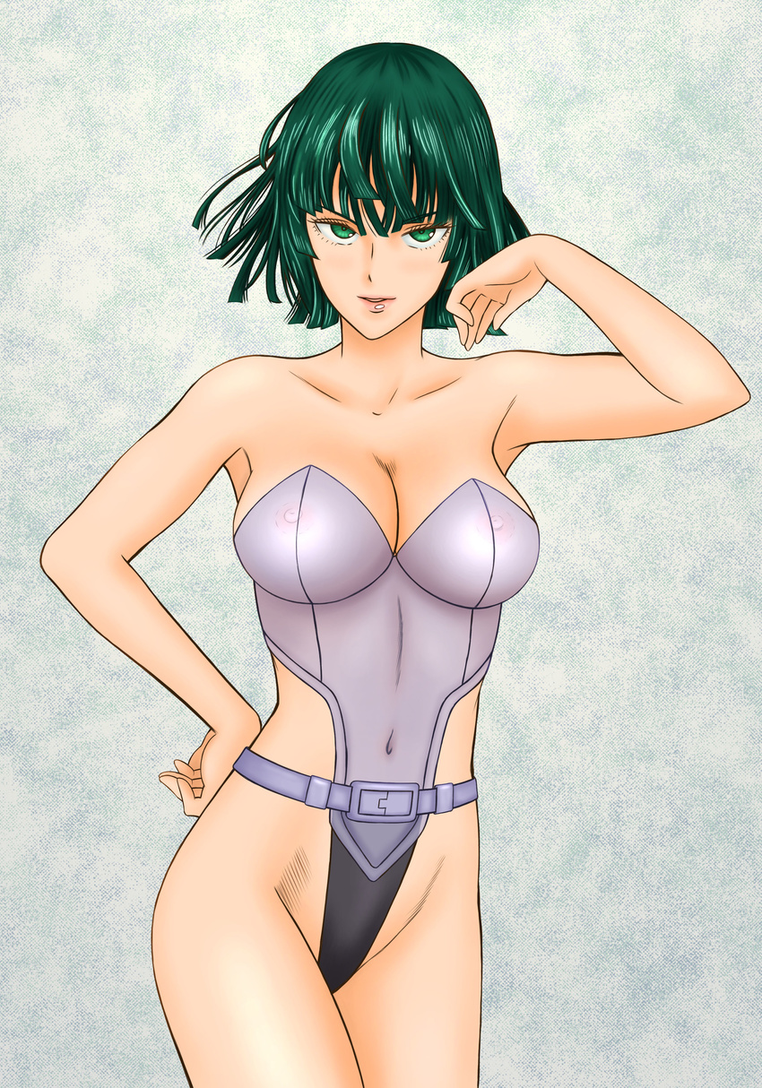 1girl areola black_hair breasts cosplay dan_tetsuo fubuki_(one-punch_man) ghost_in_the_shell ghost_in_the_shell_stand_alone_complex green_eyes head_tilt highleg_leotard highres kusanagi_motoko kusanagi_motoko_(cosplay) large_breasts leotard looking_at_viewer nipples one-punch_man pubic_hair short_hair smile solo standing strapless strapless_leotard