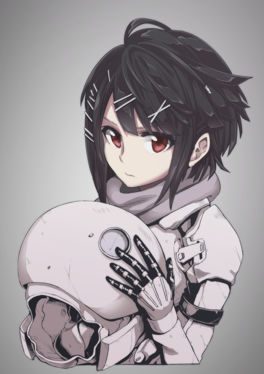 absurdres bangs black_hair blame! bodysuit closed_mouth commentary_request hair_ornament hairclip helmet highres holding holding_helmet kazuo_daisuke looking_at_viewer red_eyes science_fiction sidelocks solo upper_body x_hair_ornament zuru_(blame!)