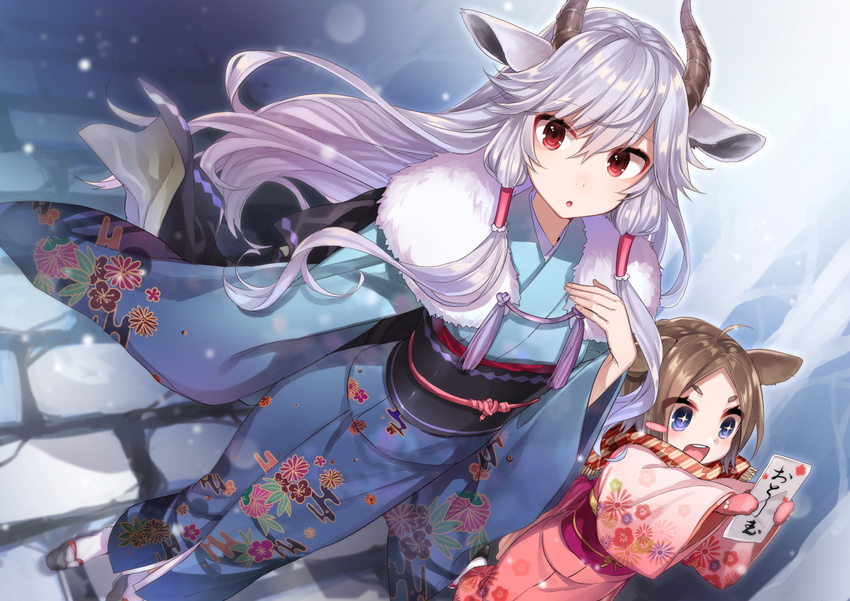 2girls :o ahoge animal_ears arms_up bangs blue_eyes blue_kimono blurry blush brown_hair commentary_request depth_of_field dutch_angle eyebrows_visible_through_hair floating_hair floral_print fur_collar furisode hair_between_eyes hair_tubes hand_on_own_chest holding horns japanese_clothes kimono long_hair looking_at_viewer multiple_girls new_year obi open_mouth original otoshidama parted_lips pink_kimono red_eyes sandals sash shirako_miso smile snow socks standing swept_bangs teeth thick_eyebrows white_legwear