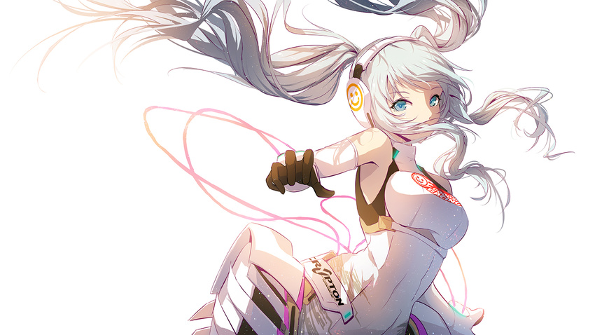 black_gloves blue_eyes blue_hair breasts detached_sleeves floating_hair gloves goodsmile_company goodsmile_racing hair_over_mouth hatsune_miku headphones lengchan_(fu626878068) long_hair looking_at_viewer medium_breasts racing_miku racing_miku_(2014) sidelocks simple_background sleeveless solo very_long_hair vocaloid white_background