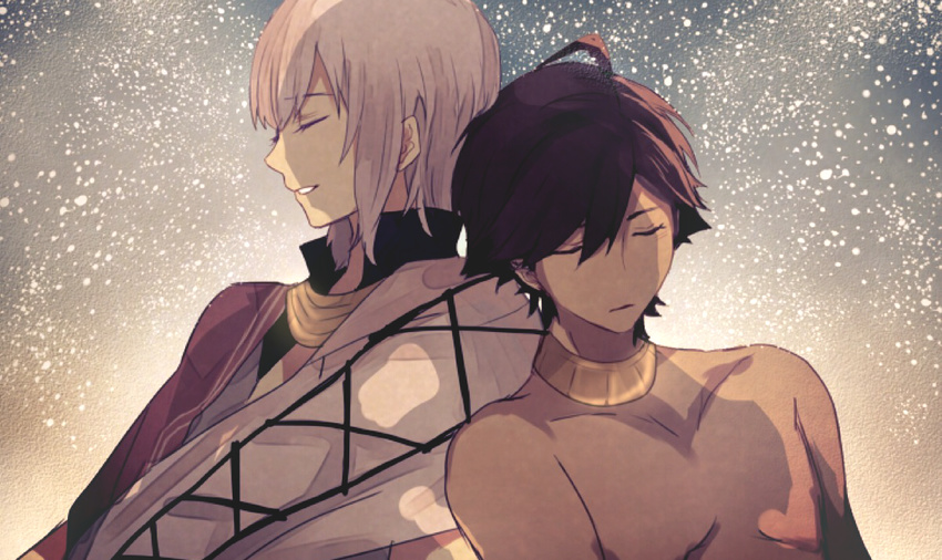 brown_hair collarbone dark_skin dark_skinned_male fate/prototype fate/prototype:_fragments_of_blue_and_silver fate_(series) glowing jewelry male_focus moses_(fate/prototype_fragments) multiple_boys necklace ozymandias_(fate) parted_lips pink_hair shirtless sleeping smile takimiho upper_body white_hair