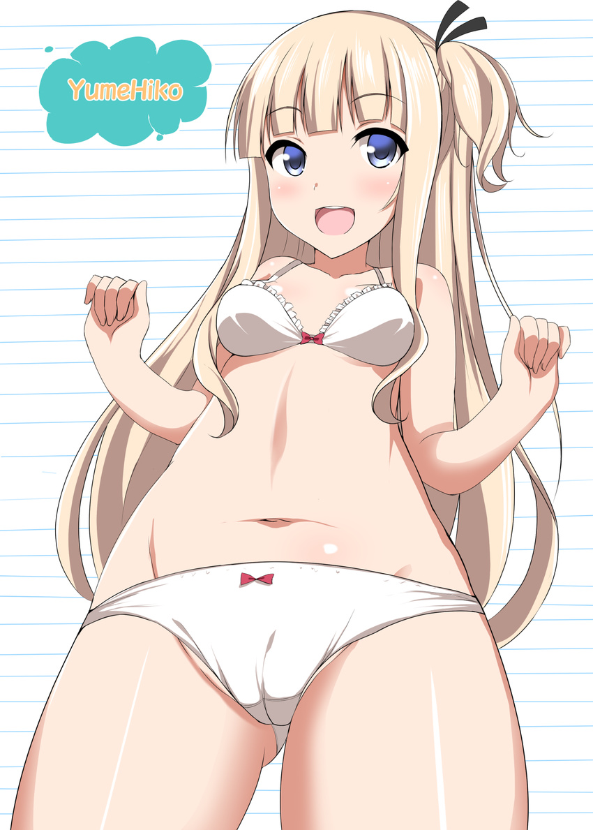 blonde_hair blue_eyes blush bra breasts cameltoe circle_name groin highres hiiragi_mayuki hinako_note medium_breasts navel open_mouth panties simple_background smile solo underwear underwear_only white_bra white_panties wonawo yumehiko