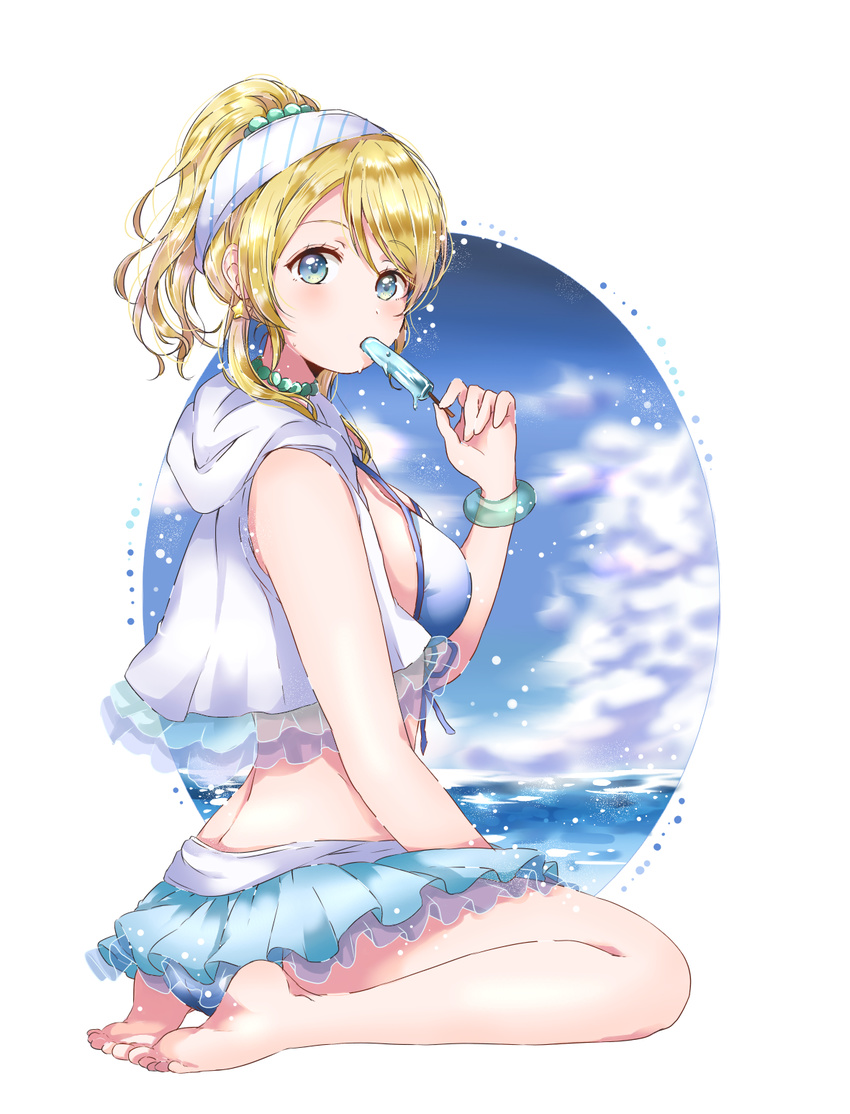 ayase_eli bangle bangs barefoot bikini_skirt bikini_top blonde_hair blue_eyes bracelet cloud cloudy_sky earrings eating eyebrows_visible_through_hair food from_side hairband highres hood hood_down jewelry kaisou_(0731waka) looking_at_viewer love_live! love_live!_school_idol_project natsuiro_egao_de_1_2_jump! necklace ocean ponytail popsicle scrunchie sidelocks sitting sky solo star star_earrings swept_bangs swim_vest