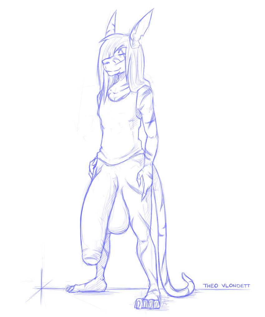 anthro balls big_balls blue_theme bottomless clothed clothing flaccid hair hidden_(artist) huge_balls humanoid_penis hyper hyper_penis long_hair male penis scalie sketch smile solo standing uncut