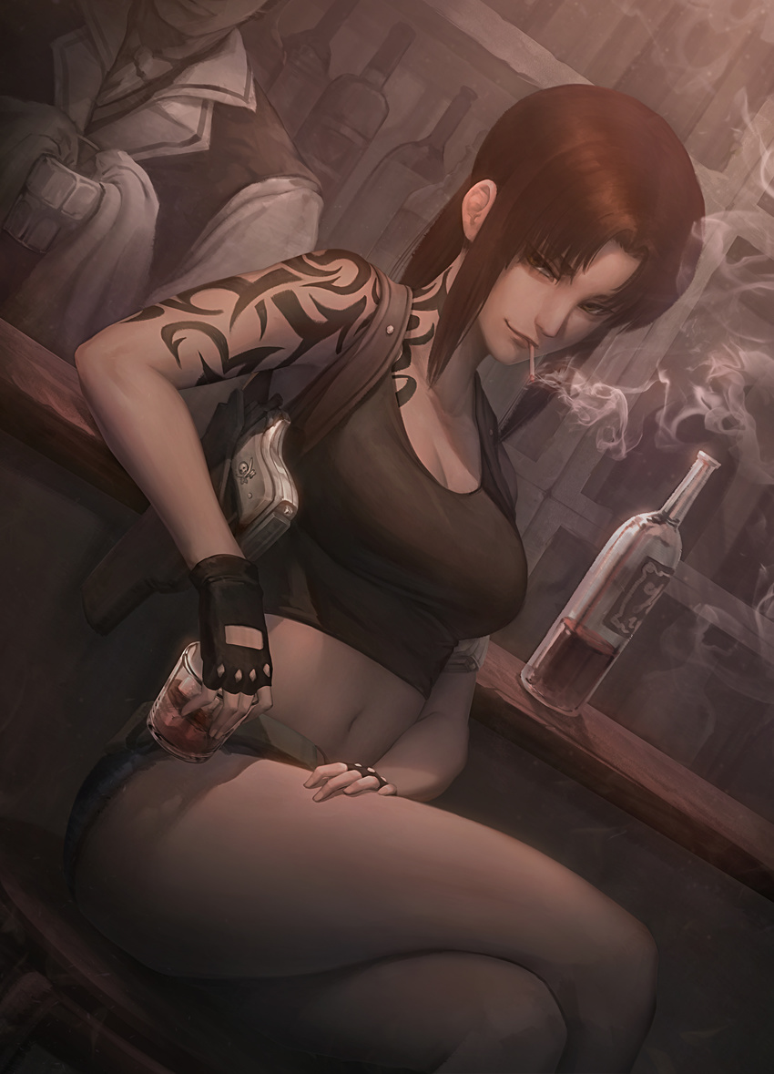 1girl absurdres alcohol bar bartender black_gloves black_lagoon black_shirt blue_shorts bottle breasts brown_eyes brown_hair cigarette cleavage closed_mouth crop_top cup denim denim_shorts faceless faceless_male fingerless_gloves gloves gun handgun highres holding holding_cup indoors large_breasts lips looking_at_viewer navel nose peachpa pistol revy_(black_lagoon) shirt short_hair shorts sitting smirk smoke smoking smug solo_focus tank_top tattoo weapon whiskey