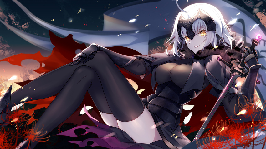 ahoge armor armored_dress bison_cangshu black_gloves black_legwear blonde_hair breasts capelet commentary_request crossed_legs elbow_gloves fate/grand_order fate_(series) feet_out_of_frame flower gauntlets gloves headpiece highres jeanne_d'arc_(alter)_(fate) jeanne_d'arc_(fate)_(all) large_breasts looking_at_viewer parted_lips revision ribbon solo spider_lily striped striped_ribbon thighhighs thighs yellow_eyes