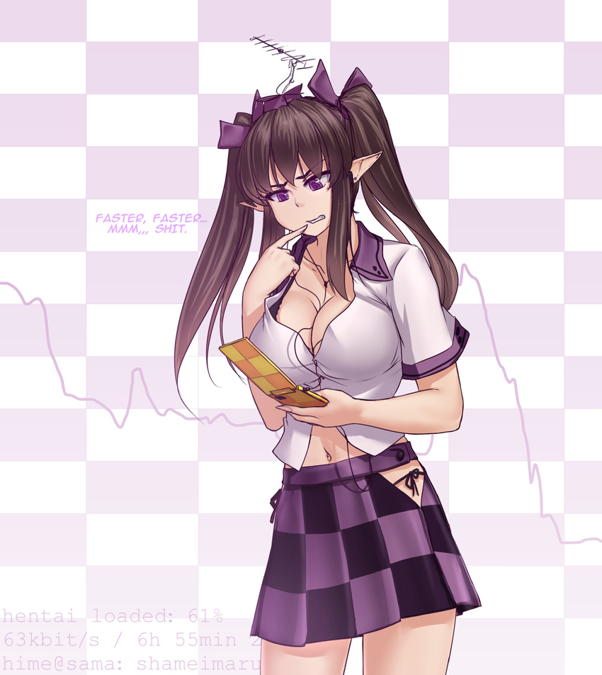 aerial black_bra black_panties bra breasts brown_hair cellphone checkered checkered_background checkered_skirt cleavage earbuds earphones earrings english hair_ribbon hat hater_(hatater) highres himekaidou_hatate hip_vent jewelry large_breasts long_hair miniskirt navel panties phone pointy_ears purple_eyes purple_ribbon ribbon side-tie_panties skirt solo tokin_hat touhou twintails underwear