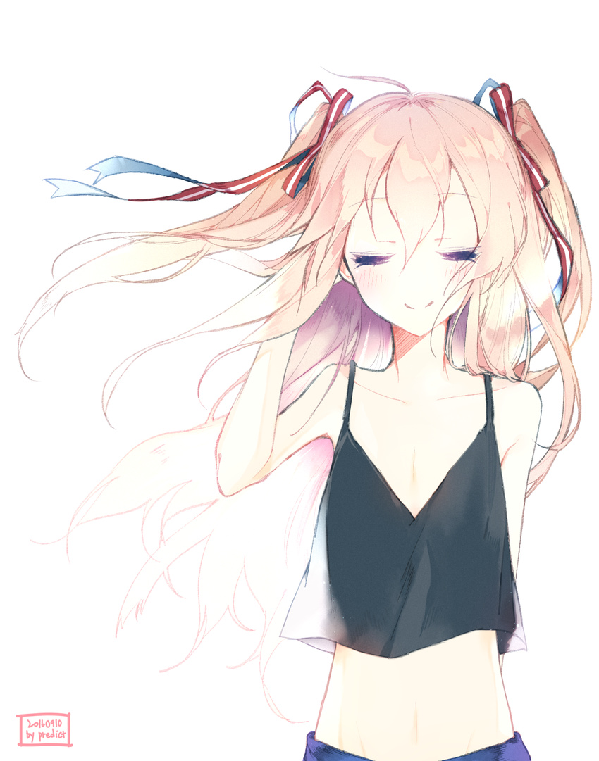 ahoge arm_behind_back black_vest blonde_hair closed_eyes closed_mouth collarbone eyelashes flat_chest floating_hair hair_between_eyes hair_ribbon hand_on_ear highres light long_hair navel predict ribbon smile solo striped striped_ribbon tank_top tied_hair two_side_up vauquelin_(zhan_jian_shao_nyu) vest vignetting white_background zhan_jian_shao_nyu