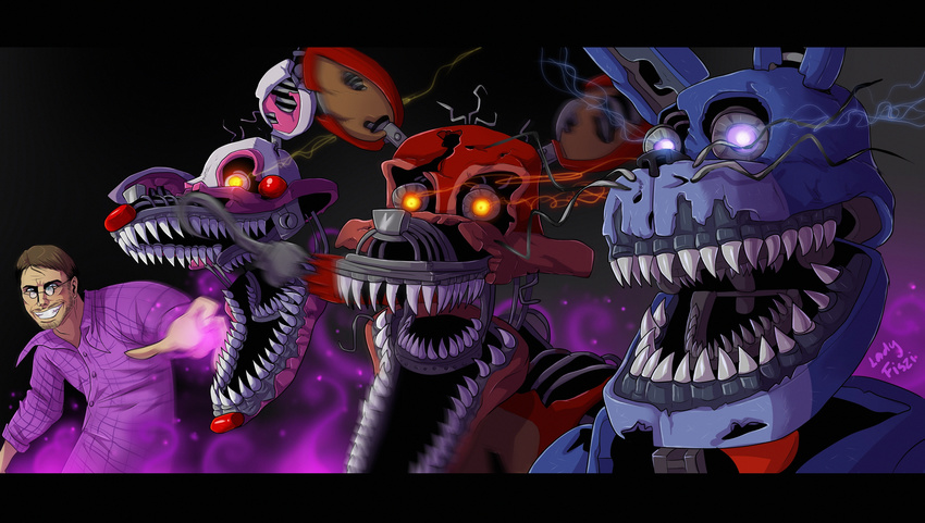 2017 animatronic canine digital_media_(artwork) eyewear facial_hair fiszi five_nights_at_freddy's five_nights_at_freddy's_4 fox glasses glowing glowing_eyes human lagomorph machine mammal nightmare_bonnie_(fnaf) nightmare_foxy_(fnaf) nightmare_mangle_(fnaf) open_mouth rabbit robot teeth video_games