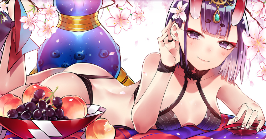 adjusting_hair alcohol ass bad_id bad_pixiv_id bangs bare_back bare_legs blunt_bangs blush bracelet breasts cherry_blossoms closed_mouth collar collarbone cup eyebrows_visible_through_hair eyeshadow fate/grand_order fate_(series) flower food foreshortening fruit gourd gours grapes hair_flower hair_ornament hand_up headpiece highres horns ichinosenen jewelry legs_up looking_at_viewer lying makeup on_stomach oni oni_horns peach petals purple_eyes purple_hair revealing_clothes ring sakazuki sake short_hair shuten_douji_(fate/grand_order) small_breasts smile the_pose tsurime