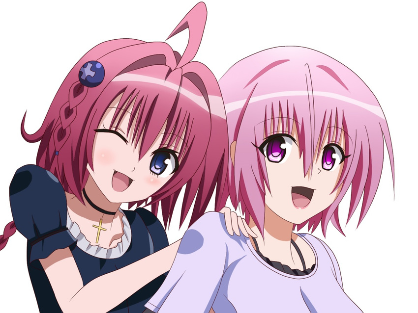 :d ahoge bad_anatomy blue_eyes blush braid breasts character_request choker hair_ornament kurosaki_mea looking_at_viewer multiple_girls open_mouth pink_hair purple_hair red_hair shimashun short_sleeves smile to_love-ru to_love-ru_darkness upper_body