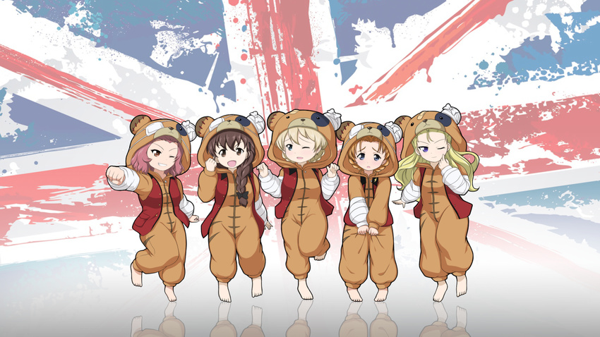 animal_costume assam bandaged_arm bandages bangs barefoot bear_costume blonde_hair blue_eyes blush boko_(girls_und_panzer) boko_(girls_und_panzer)_(cosplay) braid brown_eyes brown_hair closed_mouth commentary cosplay darjeeling flag_background girls_und_panzer grin hair_over_shoulder highres leg_up light_smile long_hair multiple_girls one_eye_closed onesie open_mouth orange_hair orange_pekoe orc_peon_7503 pajamas parted_lips pose red_hair reflection reflective_floor rosehip rukuriri short_hair single_braid smile standing standing_on_one_leg union_jack w_arms