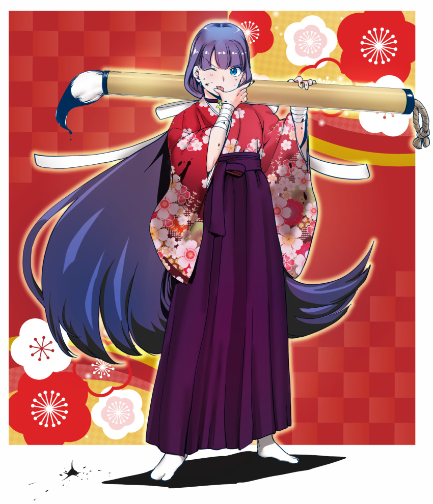 1girl aoba_(smartbeat) blue_eyes border checkered checkered_background commentary_request cross earrings eyebrows_visible_through_hair fate/grand_order fate_(series) floral_print giant_brush hakama highres japanese_clothes jewelry kimono light_blush long_hair one_eye_closed paint paintbrush purple_hair purple_hakama red_background ribbon saint_martha solo sweatdrop tabi tongue tongue_out very_long_hair white_border white_ribbon wrist_wrap