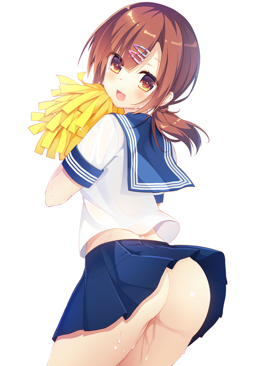 :d ass asymmetrical_bangs bangs blue_skirt blush brown_hair cheerleader commentary_request contrapposto cowboy_shot eyelashes from_behind hair_ornament hairclip heart highres holding japanese_clothes kinoko5123 long_hair looking_at_viewer looking_back low_ponytail no_panties open_mouth original pleated_skirt pom_poms red_eyes school_uniform serafuku shirt short_sleeves simple_background skirt smile solo sparkle standing suggestive_fluid sweat upskirt white_background white_shirt