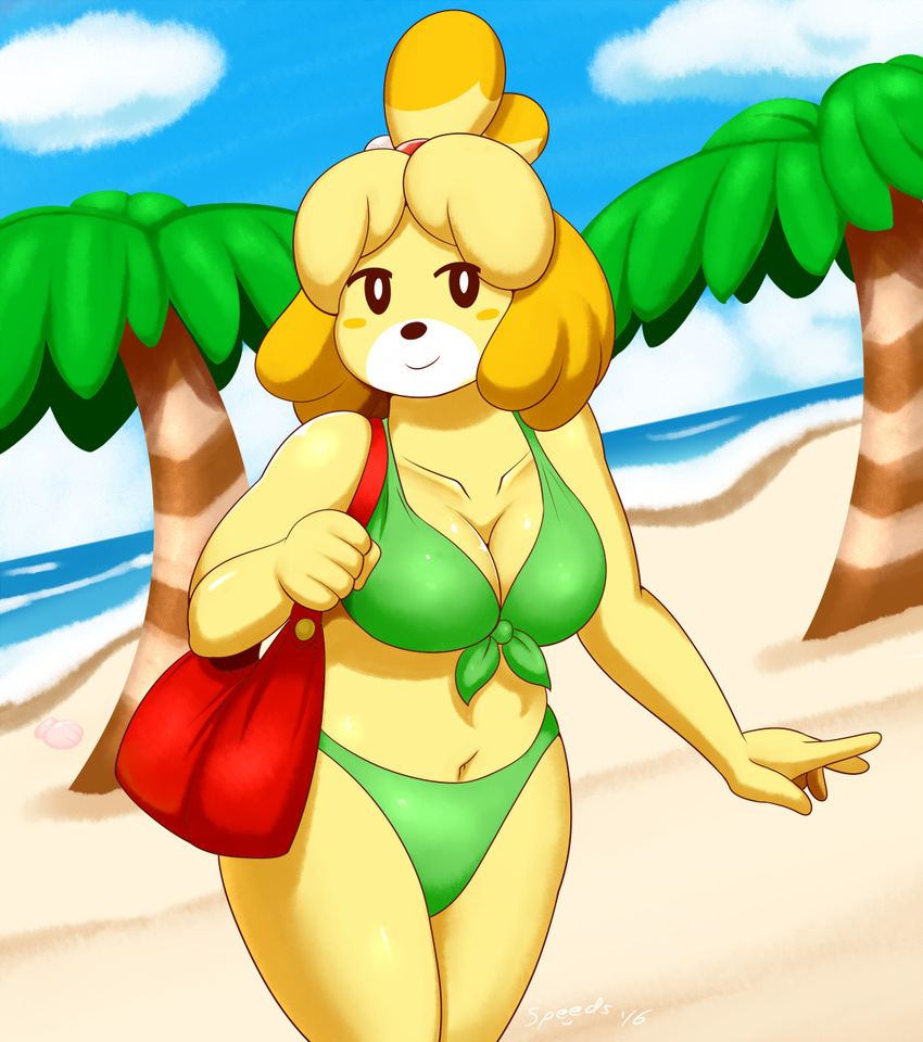 2016 5_fingers animal_crossing anthro beach big_breasts bikini blue_sky breasts canine cleavage clothed clothing cloud day digital_media_(artwork) dog female front_view handbag hi_res isabelle_(animal_crossing) looking_at_viewer mammal midriff navel nintendo palm_tree sea seaside sky slightly_chubby smile solo speeds swimsuit thick_thighs tree video_games voluptuous water