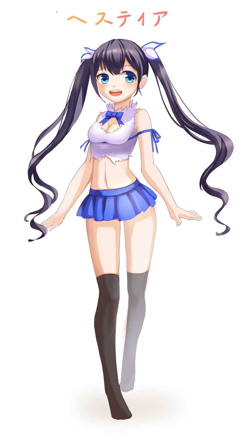 1girl :d adapted_costume alternate_costume arm arms_at_sides artist_request bare_arms bare_legs bare_shoulders black_hair black_legwear blue_bow blue_eyes blue_ribbon blue_skirt blush bow bowtie breasts cleavage cleavage_cutout dungeon_ni_deai_wo_motomeru_no_wa_machigatteiru_darou_ka female full_body hair_ornament happy hestia_(danmachi) highres kneehighs legs looking_at_viewer medium_breasts midriff miniskirt navel neck open_mouth pleated_skirt rei_no_himo ribbon round_teeth skirt sleeveless smile solo standing teeth translation_request twintails wavy_hair white_background